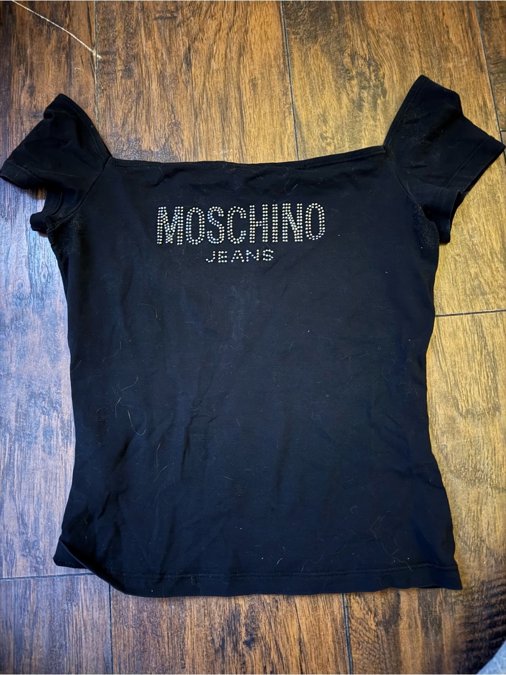 Moschino Black Off-Shoulder Crystal Logo Tee